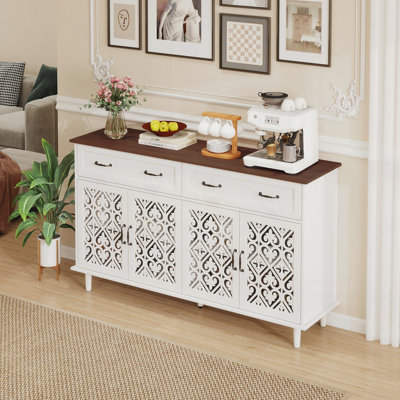 Vintage Sideboard Buffet Cabinet With Hand-Carved Hollow Doors