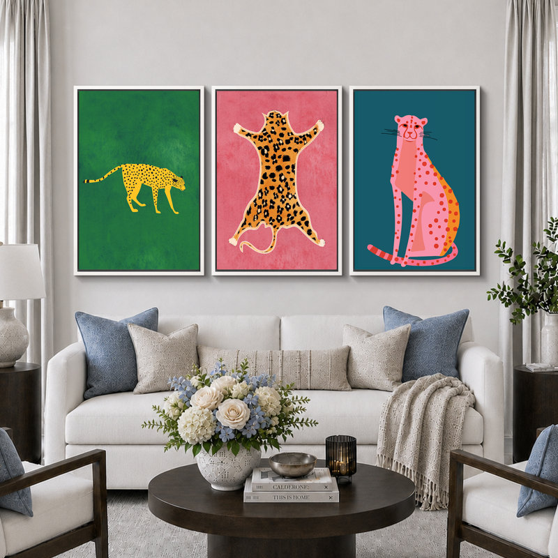 «Preppy Bright», «Pop Vibrant Bold Green Pink Blue Art, Chic Leopard Tiger», images murales colorées, 3 pièces encadrées, impression numérique sur toile, impression numérique sur toile giclée