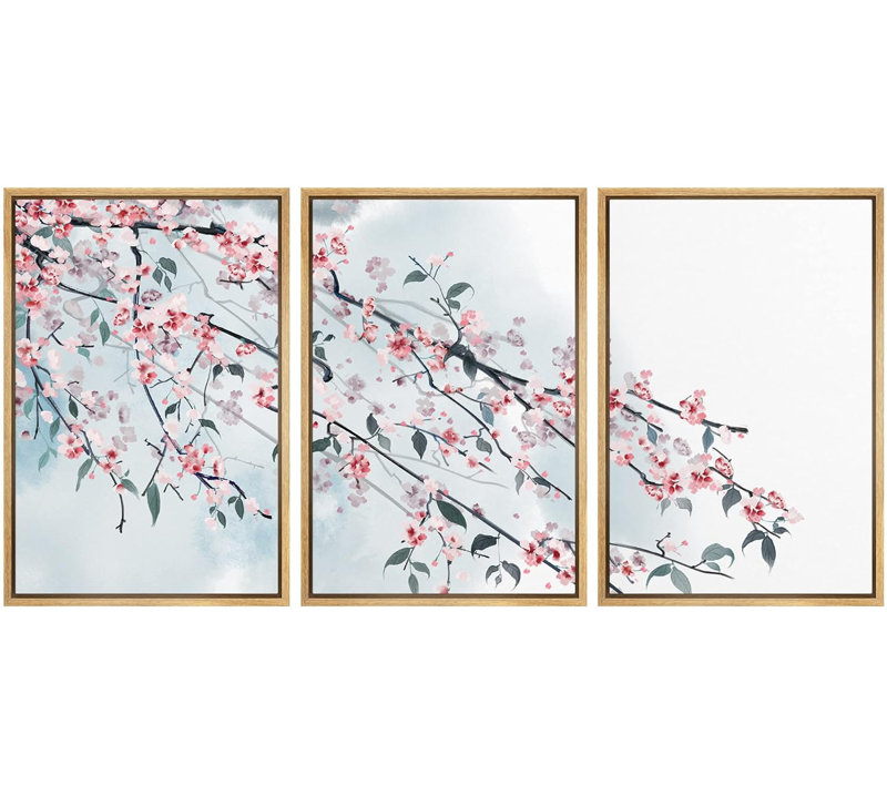 Peinture murale à l'encre de style cerisier rose sur une branche, Cadre naturel flottant, H 36 po x l 72 po