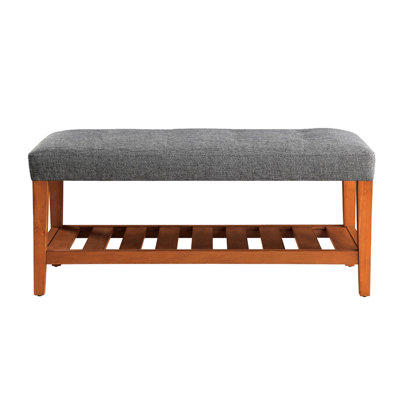 Banc en chêne et en tissu gris avec rangement ouvert, coussin rembourré, tablette à lattes, 8 po, tablette de 40 po x 16 po, avec siège à boutons, dimensions