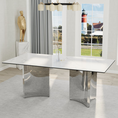 78 Inch Glass Dining Table With Tempered Glass Top And Bronze Double Triangle Stainless Steel Base by Brayden Studio