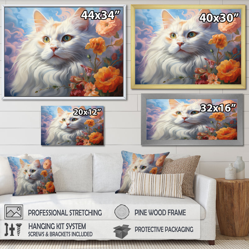 Portrait d'un chat gracieux avec fleurs - impression, H 16 po x l 32 po x P 1 po, Cadre flottant blanc