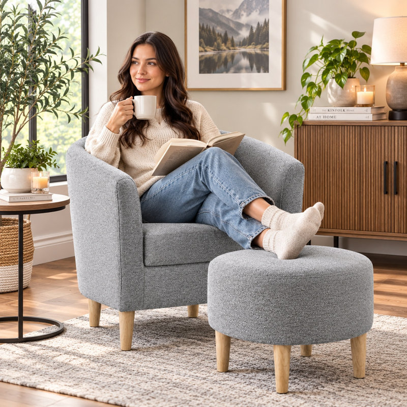 Upholstered 27" Wide Barrel Chair with Ottoman, Gray Linen Blend