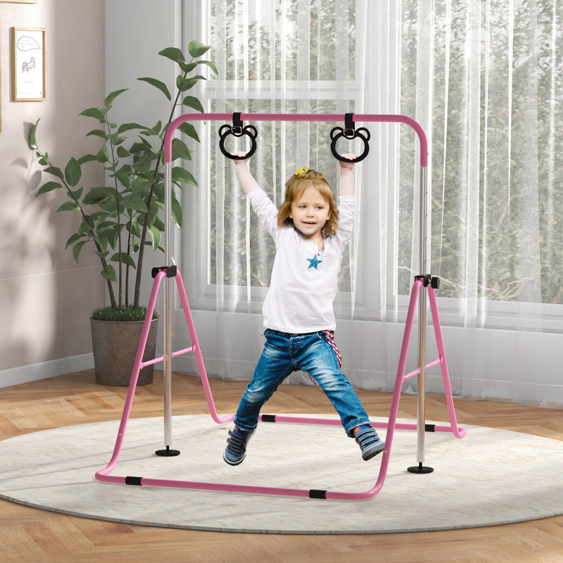 HOMCOM Kids Gymnastics Bar Adjustable Height Folding with Hand Grips Pink