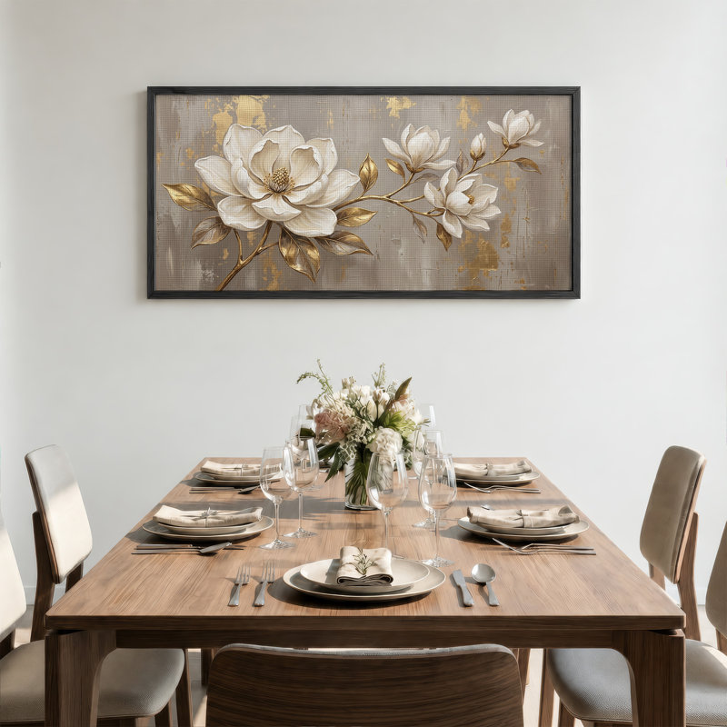Art mural sur toile de magnolia blanc avec feuilles et tiges dorées blanches, L 46 po x H 24 po