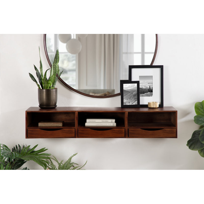 Adeana Poplar Floating Shelf with Drawer, Dark Walnut