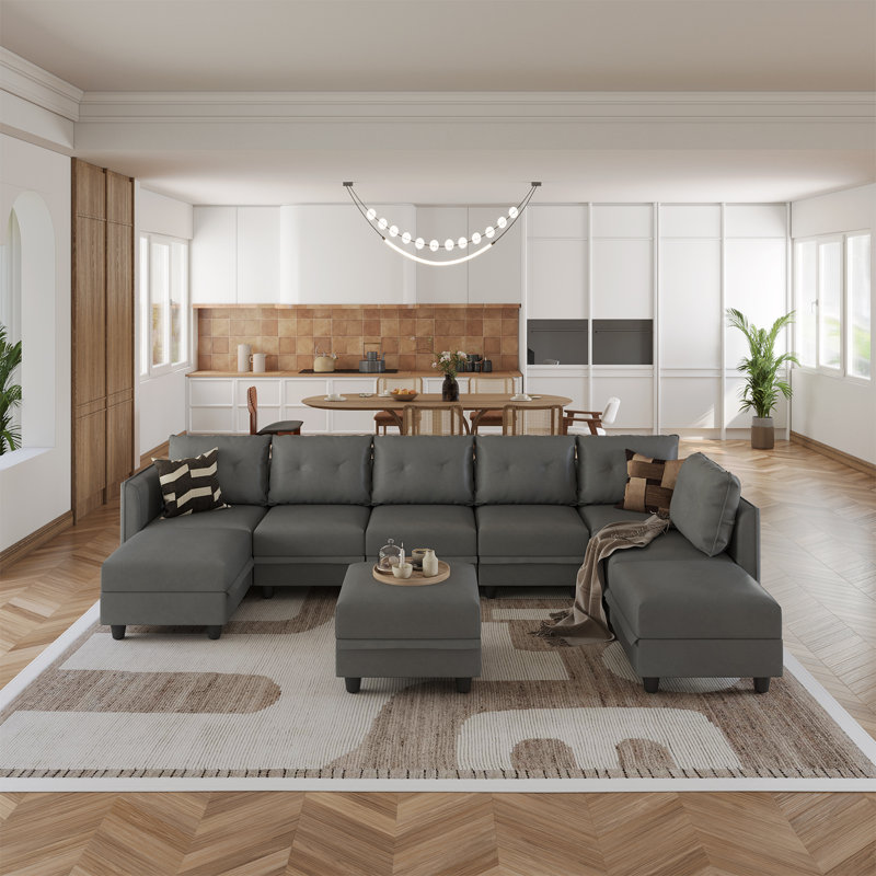 Canapé modulaire réversible de 9 pièces avec repose-pieds Zendajas, Mélange de polyester gris