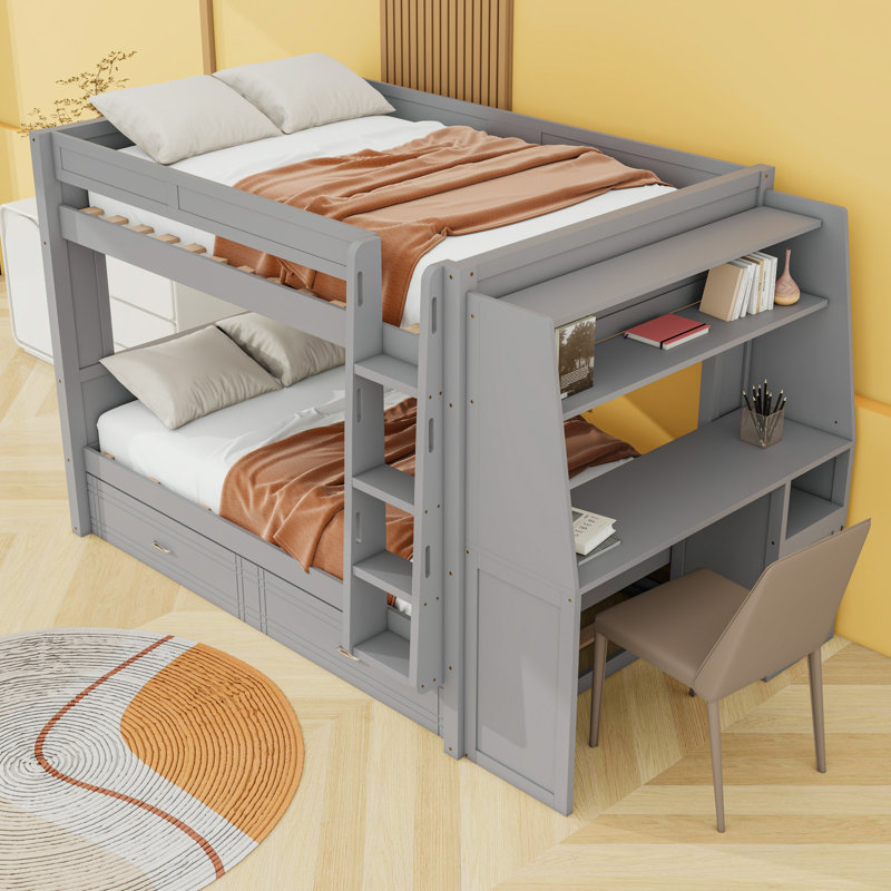 Full over Full Bunk Bed With Desk, Bookshelves And Twin Trundle, Gray