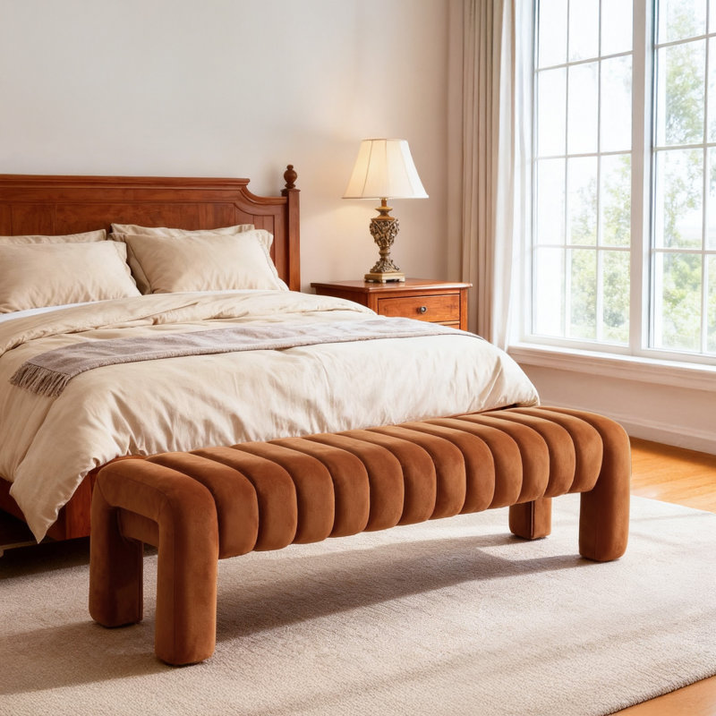 Banc rembourré sans dossier Oyan, H 17 po x l 63 po x P 17,3 po, Velours brun