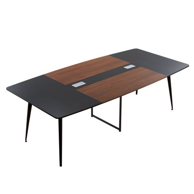 Conference Table, 8 ft Boat Shaped Office Meeting Table for 10 Person, Modern Large Boat Meeting Desk with Metal Legs, Ideal for Office, Boardroom, Conference Room, Easy Assembly, Black & Brown