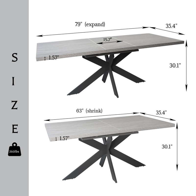 Triton Modern Kitchen Dining Table, Rectangular Extendable Table, 30”H x 63”L x 35.4”W, Gray
