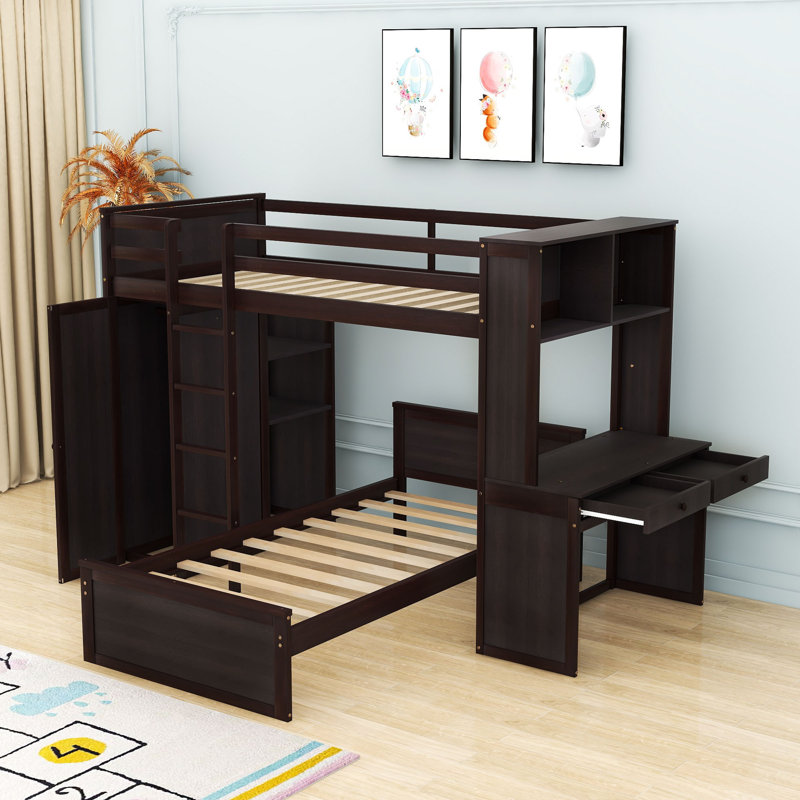 Gulshad Kids Twin Over Twin Bunk Bed with Drawers, Espresso