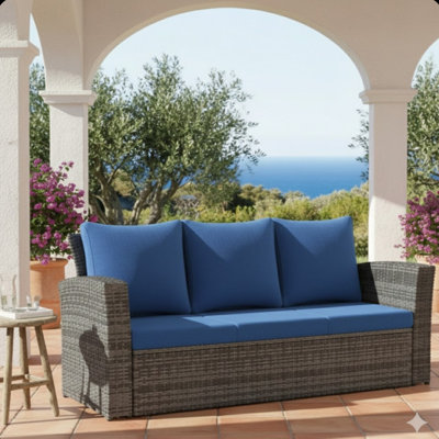 Canapé de patio 67,7 po en osier 3 places avec coussins bleus épais et structure noire