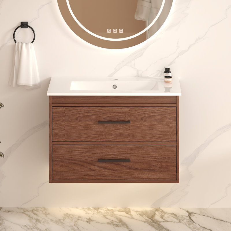 Meuble-lavabo mural 30 po, 2 tiroirs, armoire et lavabo en céramique à fixation murale brun rougeâtre pour une esthétique durable
