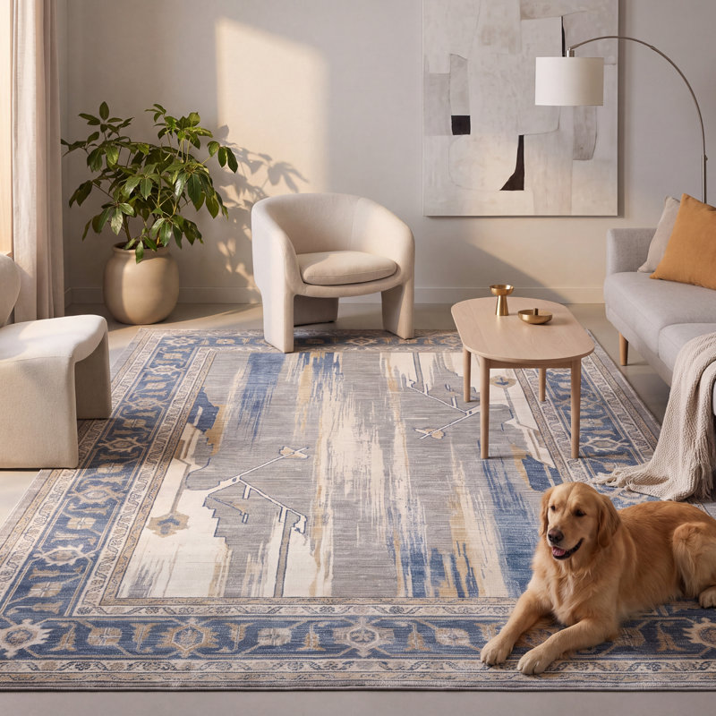 Tapis Merrick moderne vieilli uni bleu gris or crème ivoire, lavable à la machine, antidérapant, à poils courts, pour intérieur et extérieur, adapté aux animaux domestiques, idéal pour salon, chambre, salle à manger, entrée, couloir, bureau