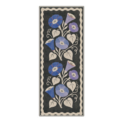Tapis de couloir floral noir / bleu lavable à la machine avec envers antidérapant