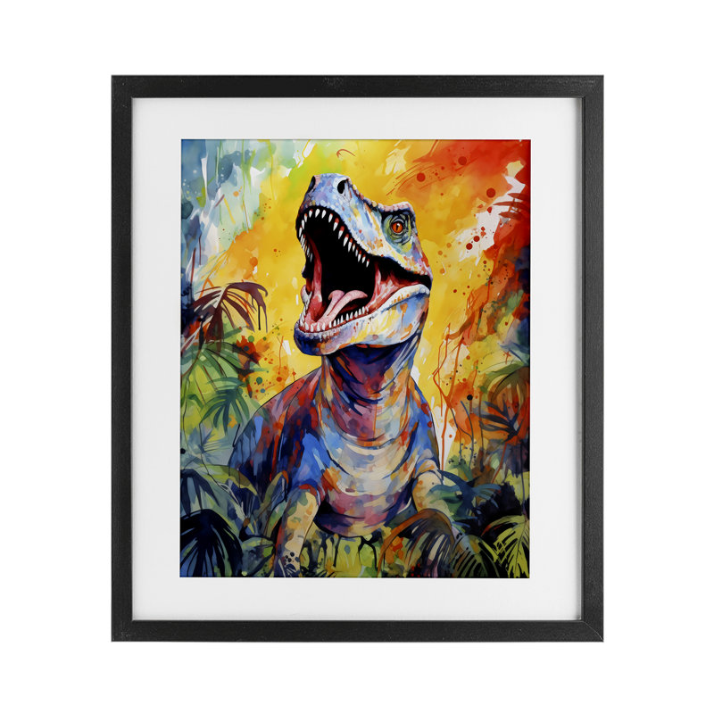 Fierce Roaring T-Rex, reproduction d'art sous verre, design by Creative Studio, Cadre noir minuit, H 21 po x l 17 po