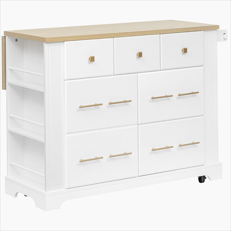 Kitchen Island with 6 Drawers, Pull Out Trash Can Storage, Rolling Kitchen Island on 5 Wheels with Drop Leaf, Power Outlet, 5 Open Side Racks for Kitchen, Dining Room, White