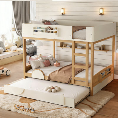Off-white & Natural Wood Queen Over Queen Bunk Bed With Twin Xl Trundle And Reinforced Slats
