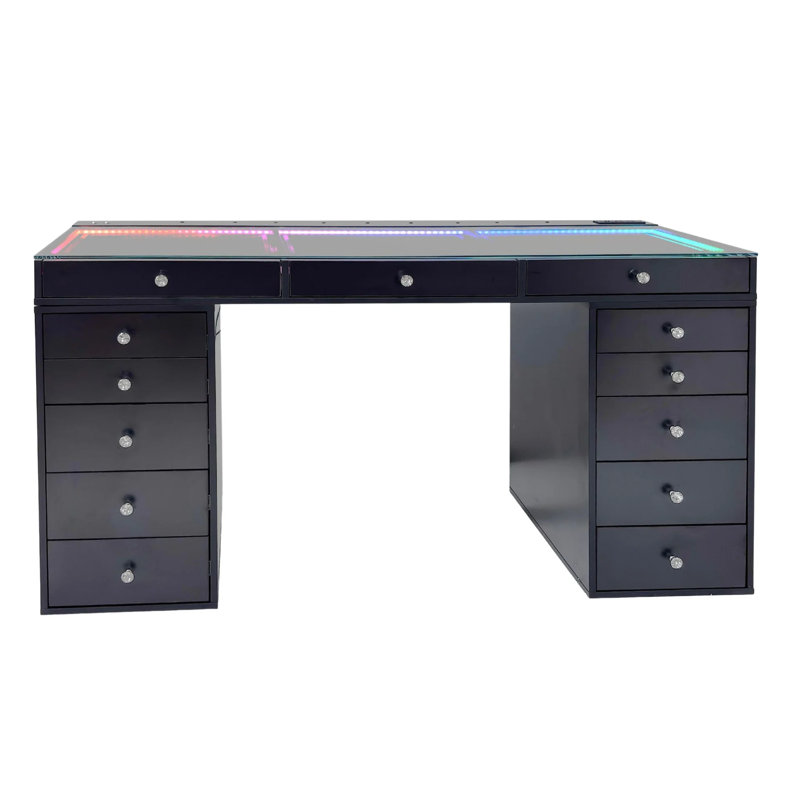 Table de coiffeuse Slaystation Radiant Pro 2.0 avec lumière RVB, coiffeuse de maquillage avec plateau en verre transparent et boutons en faux cristal luxueux, ensemble de meuble-lavabo à 5 tiroirs blanc