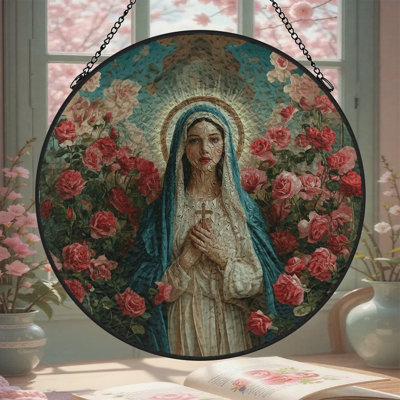 Vierge Marie au milieu des panneaux de vitrail roses pour fenêtre