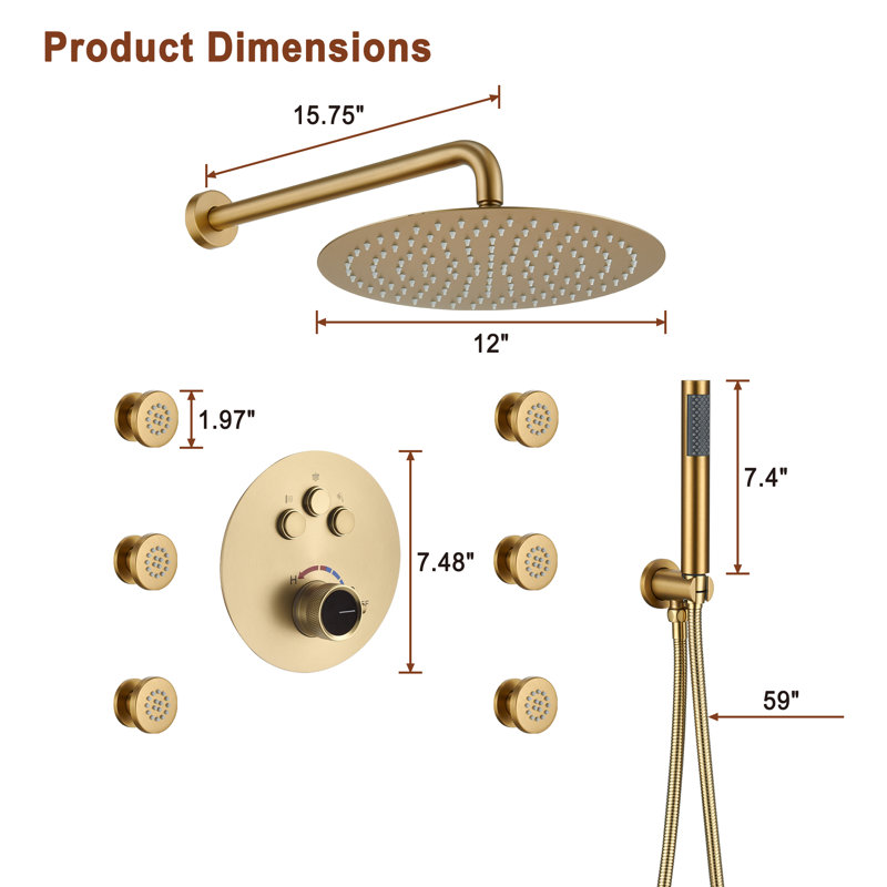 Herathena Wall Mounted Stainless Steel Round Luxury Complete Shower System with 6 Body Jets, Brushed Gold