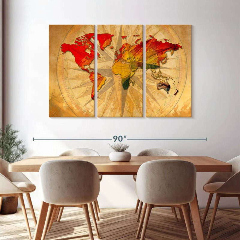 «World Map Old Compass World Map», reproduction sur toile 3 pièces par Tess P, H 48 po x l 74 po x P 1,25 po