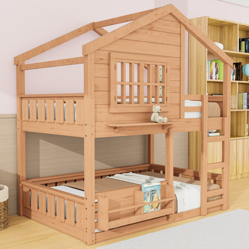 Lit superposé en bois avec échelle et bibliothèque, Double sur double