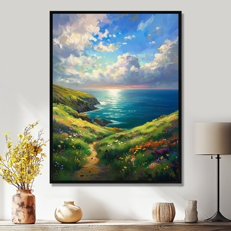 Chemin de montagne fleuri vers l'océan bleu, ciel blanc - rivière, art mural, salon, Toile avec cadre flottant noir