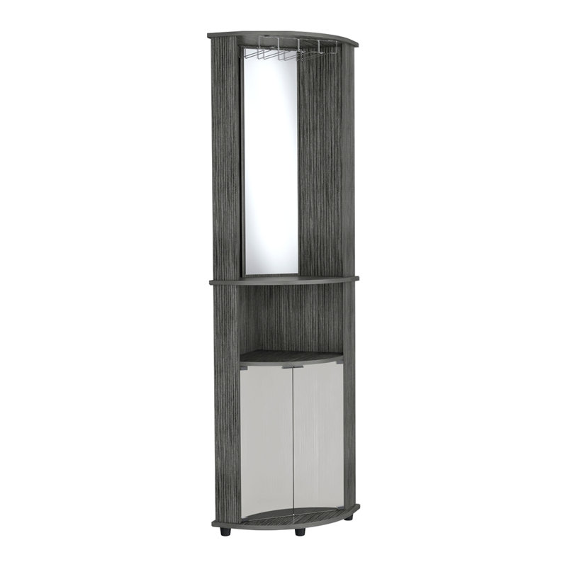 Corner Bar Cabinet Unit With Wine Glass Rack And Lower Cabinet, Oak
