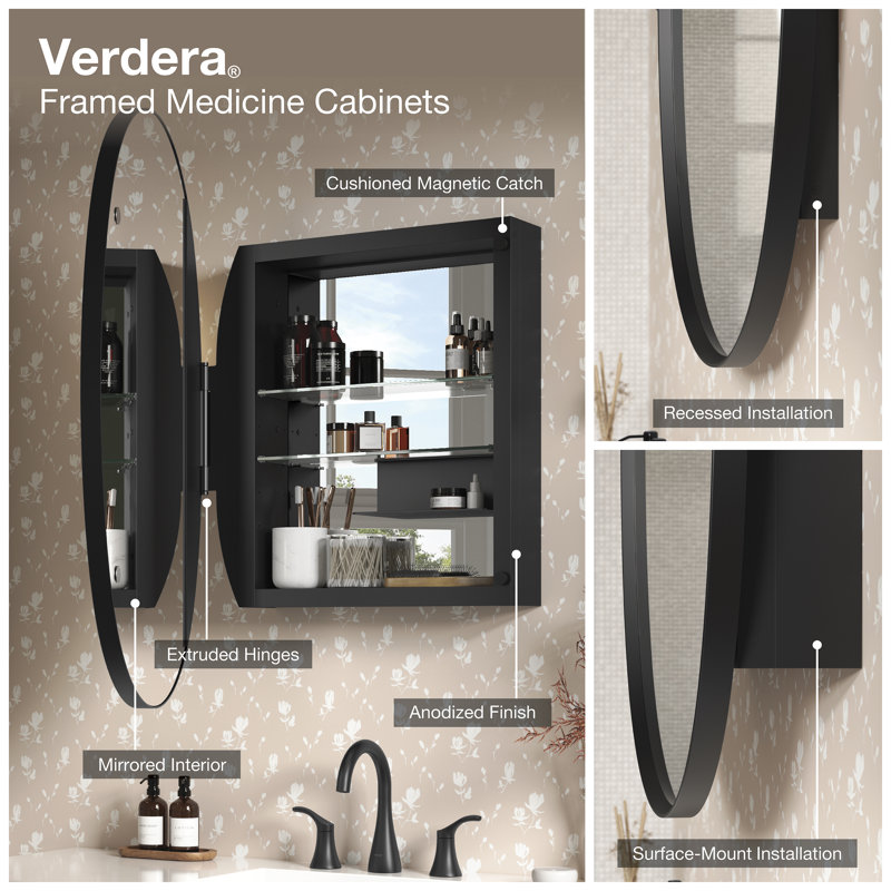 Verdera Surface Mount or Recessed Rectangular Framed Medicine Cabinet, Matte Black, 34" H x 22" W x 4.18" D