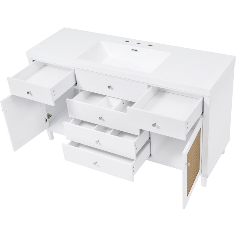 Brielle 60'' Wide Modern Farmhouse Bathroom Vanity With SMC Sink, Soft-Close Drawers, Rattan Doors, And Metal Knob Accents