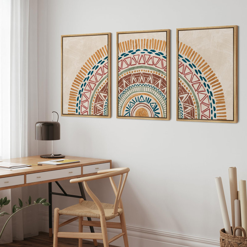 «Brown Bohemian Abstract Geometric Rustic Neutral Boho Artwork», reproduction d'art sur toile encadrée 3 pièces, Naturel