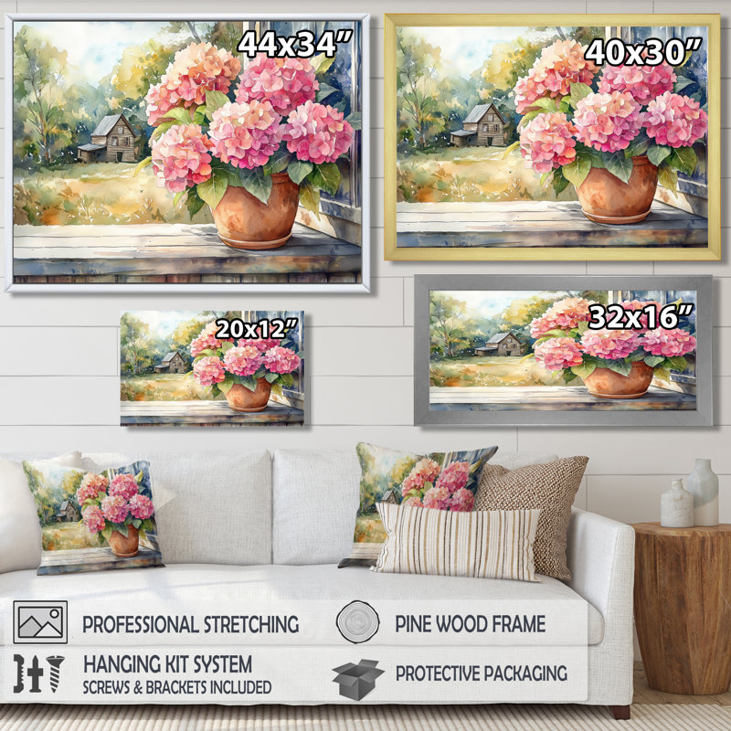 Hortensias sur le porche de la ferme II - hydrangées grand art mural, Impression d'un seul cadre photo, H 30 po x l 40 po