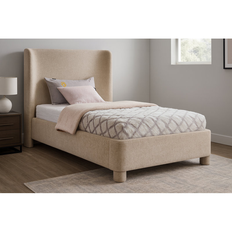 Lit à panneau tapissier Hridhaan, Tissu chenille beige, Simple