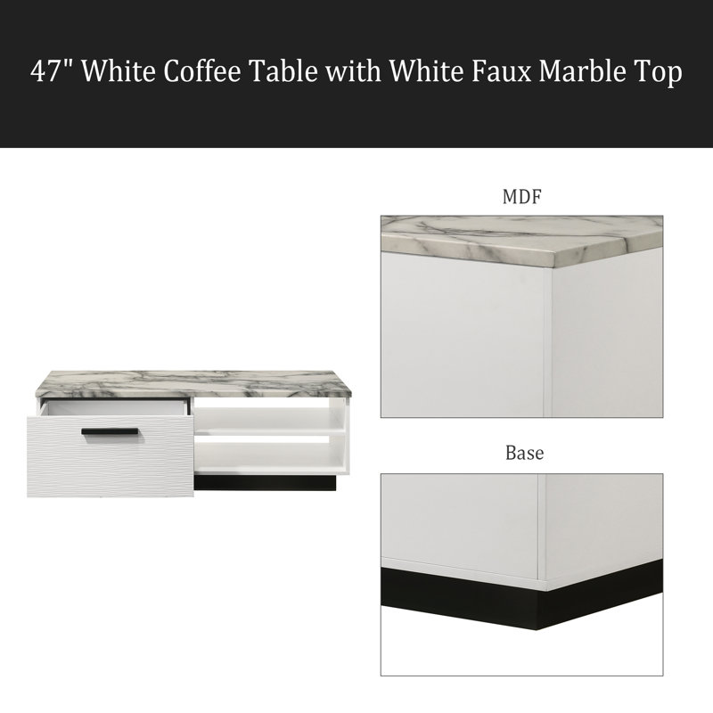 Table basse blanche 47 po avec plateau en faux marbre blanc