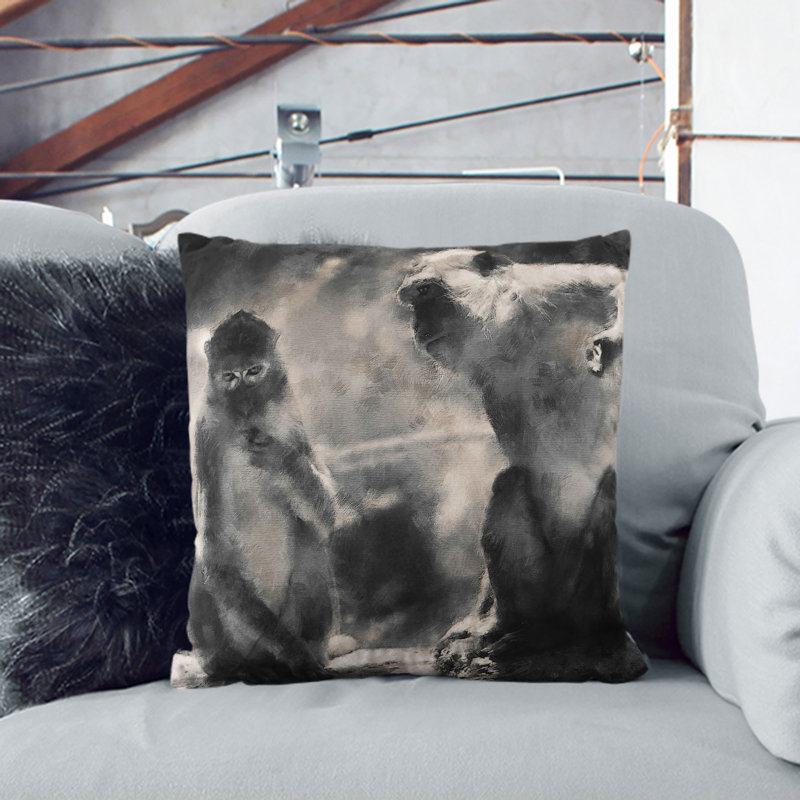 Mountain Monkeys Painting Square Throw Cushion, White, 55cm H x 55cm W x 20cm D