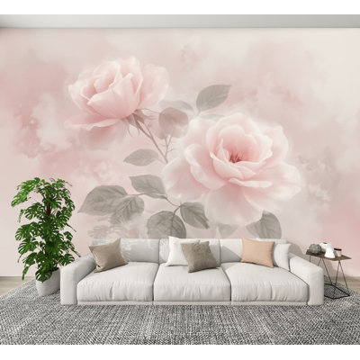 Peel and Stick Wallpaper Soft Pink Watercolor Roses Floral Romantic Pastel Summer Decor Wall Murals 100"H x 144"W Removable PVC Wall Paper Self-Adhesive Wall Decor for Bedroom Living Room Home Office
