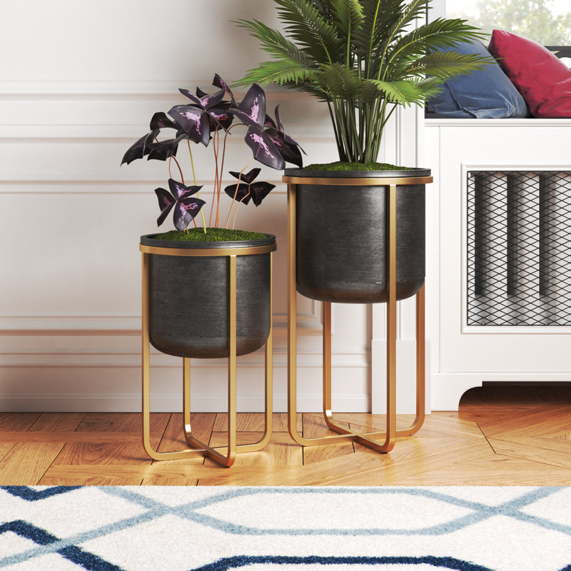 Fidler UV Resistant Metal 2-Piece Planter Set, Gold/Oil Rubbed Bronze