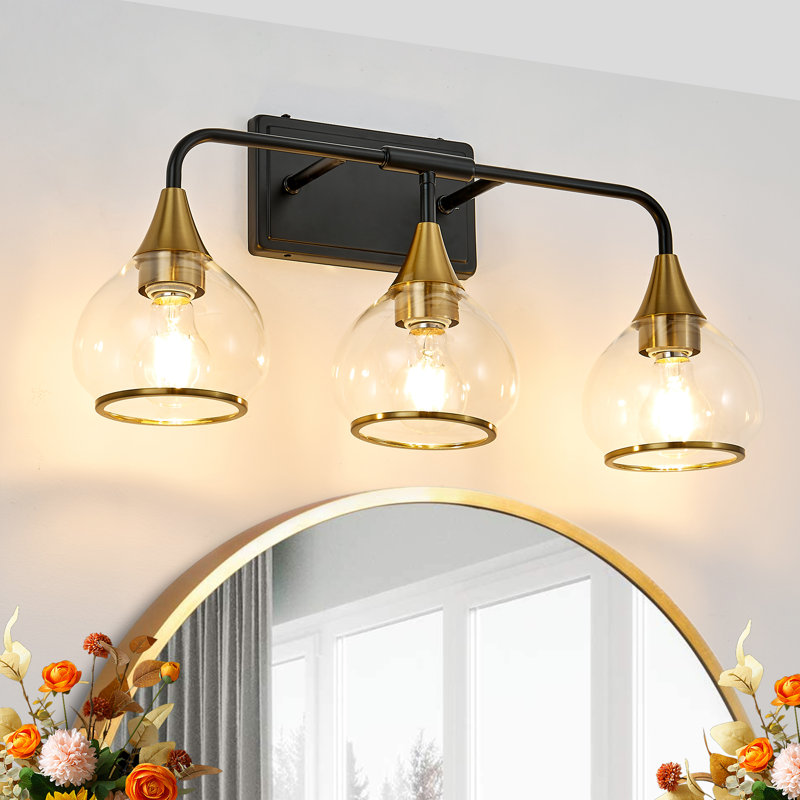 3 Light Bathroom Vanity Light Wall Mounted Above Mirror with Clear Glass Globe Shades Modern Metal Fixture, 3 Lights