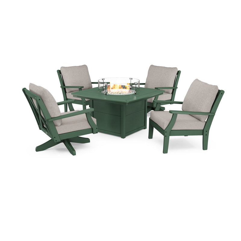 Braxton 5-Piece Deep Seating Set with Fire Table, Weathered Tweed, Green