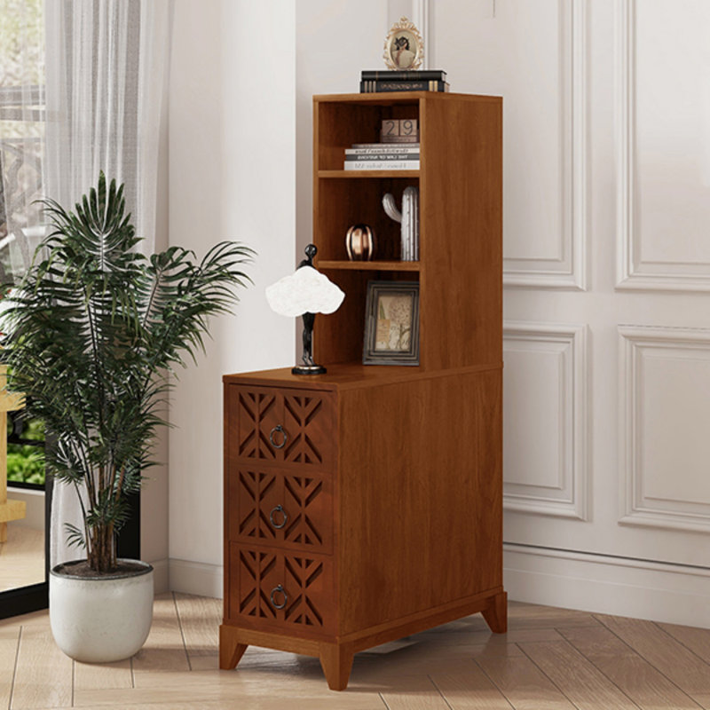 End Table With 3 Drawers, Corner Table With 2 Open Shelves, Tall Side Table For Bedroom And Corner, Walnut,Expect Arrival Date (2025/5/27)