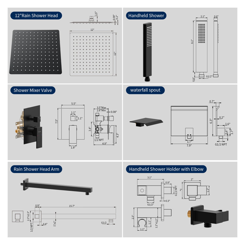 Système de douche noir mat avec pomme de douche à pluie de 12 pouces et douchette, ensemble de robinet de douche mural avec ensemble de valve à pression équilibrée pour salle de bain moderne