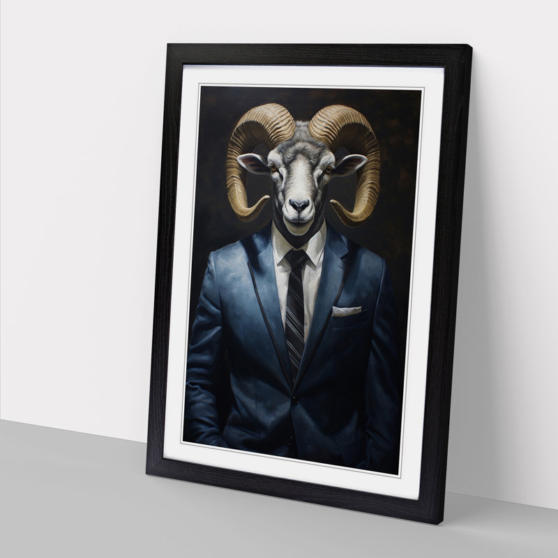 Ram Sheep In A Suit Painting - Single Picture Frame Print on Wood, Black Framed, 64cm H x 46cm W