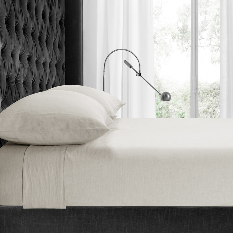 Stone Washed Pure Linen Sheet Set, Fitted Sheet 16" Pocket, Cream, Queen