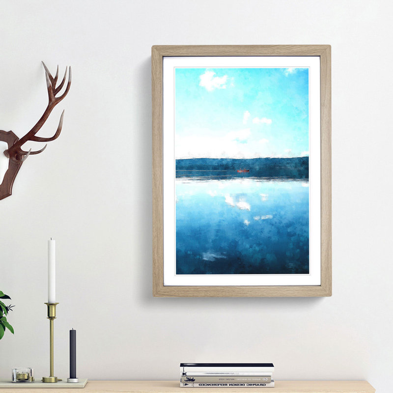 Red Kayak on a Lake in Sweden 1 Piece Single Picture Frame Wall Art on MDF, 33cm H x 24cm W x 2cm D, Oak Framed