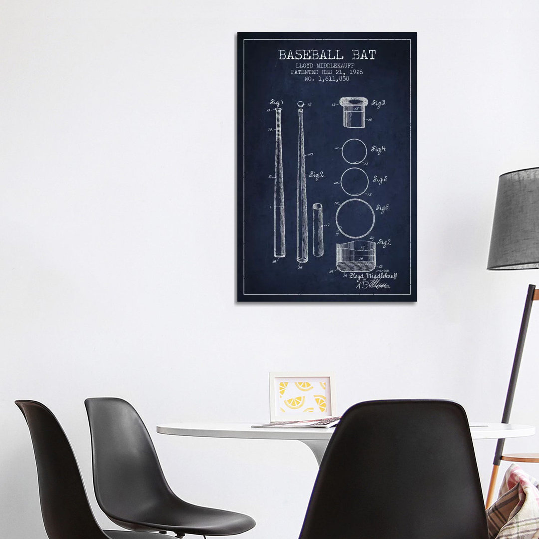 Baseballschläger Navy Blue Patent Blueprint von Aged Pixel - Galerie- Giclée auf Leinwand