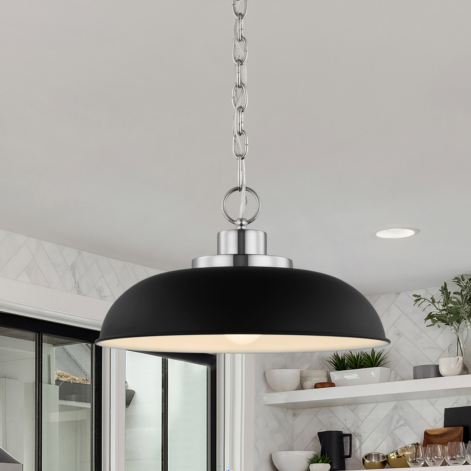 Eddy Dimmable Dome Single Light Pendant, 8" H x 15" W x 15" D, Matte Black/Polished Nickel