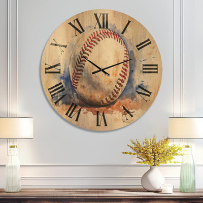 Horloge murale ronde en bois massif, motif de baseball délavé