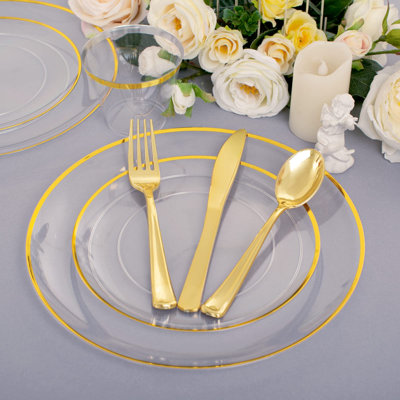 WELLIFE 140Pcs Gold Plastic Plates, Clear Disposable Plates with Gold Trim, gold Dinnerware Include: 20 Dinner & Dessert Plates, 20 Cups, 20 Silverware With Pre Rolled Napkins